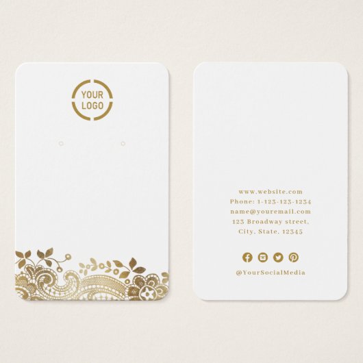 フェイク金ゴールドレースカスタムロゴホワイトイヤリングディスプレイ (正面&裏面)