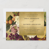 フェイク金ゴールドヴィンテージレトロブルゴーニュフローラ結婚ズ 招待状 (正面)