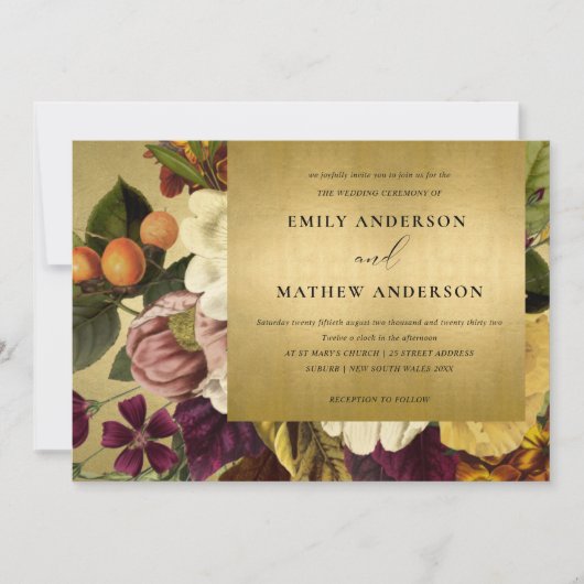 フェイク金ゴールドヴィンテージレトロブルゴーニュフローラ結婚ズ 招待状 (正面)