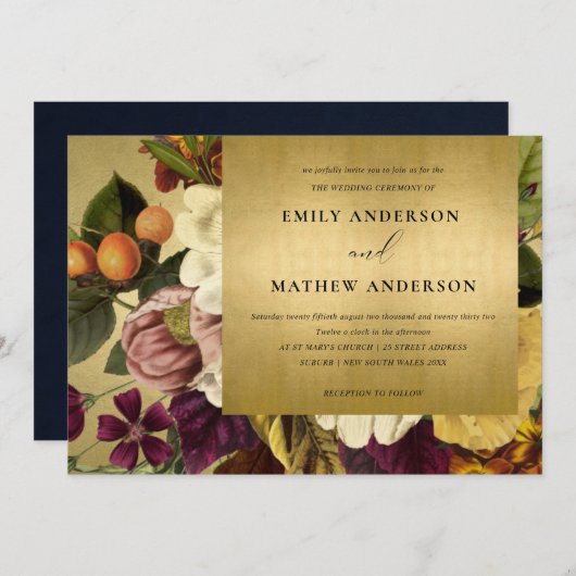 フェイク金ゴールドヴィンテージレトロブルゴーニュフローラ結婚ズ 招待状 (正面/裏面)