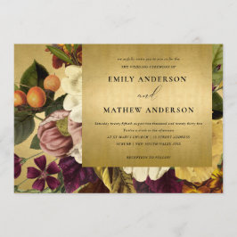 フェイク金ゴールドヴィンテージレトロブルゴーニュフローラ結婚ズ 招待状