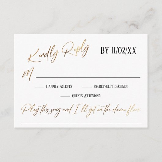 フェイク金ゴールド手書きシンプル入力の曲要求RSVP エンクロージャーカード (正面)