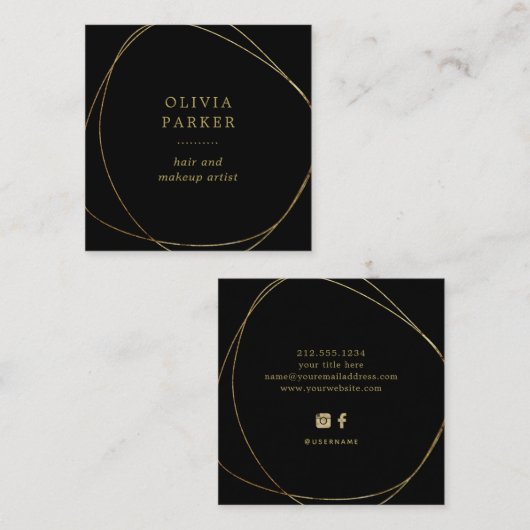 フェイク金ゴールド抽象芸術円|黒 スクエア名刺 (正面/裏面)