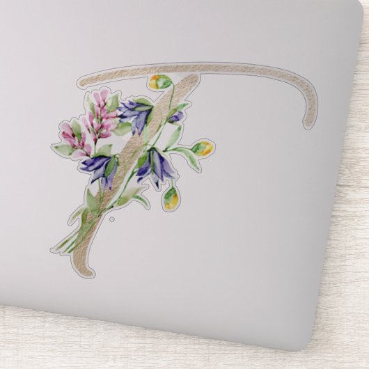 フェイク金ゴールド文字"T"水色野花 シール (詳細)