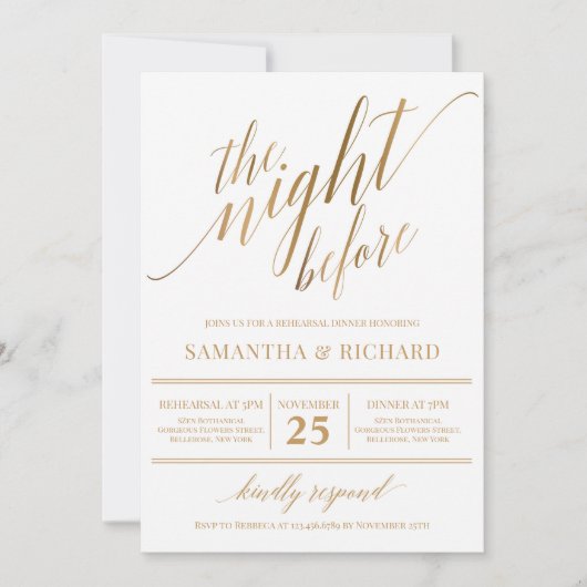 フェイク金ゴールド書道レタリング素朴リハーサル 招待状 (正面)