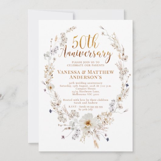 フェイク金ゴールド書道ワイルドフラワー50周年記念 招待状 (正面)