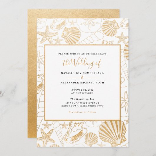 フェイク金ゴールド箔シー結婚シェルのビーチテーマ 招待状 (正面/裏面)