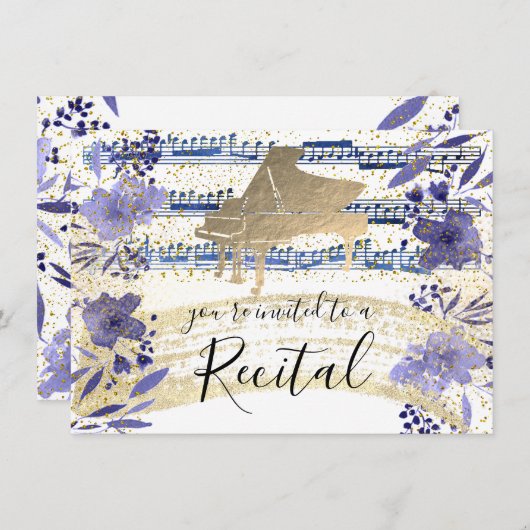 フェイク金ゴールド箔藍青の水色の花 招待状 (正面/裏面)