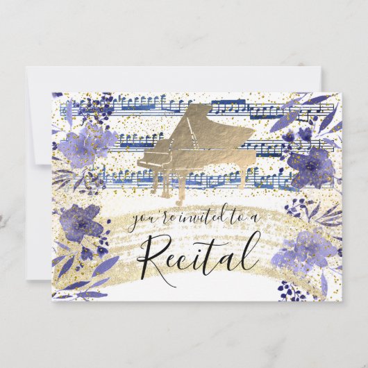 フェイク金ゴールド箔藍青の水色の花 招待状 (正面)