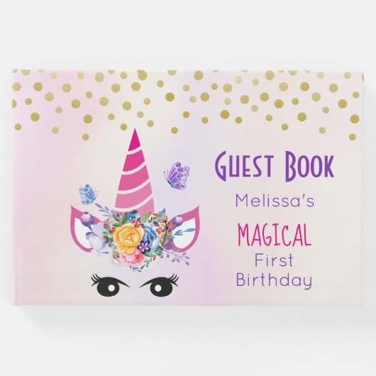 フェイク金ゴールド紙吹雪の紫色の水の色のウェディングトル ゲストブック (正面)