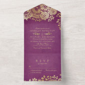 フェイク金ゴールド紫エレガントヴィンテージ結婚レース オールインワン招待状 (内側)