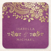 フェイク金ゴールド紫エレガントヴィンテージ結婚レース スクエアペーパーコースター (正面)