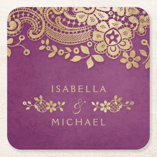 フェイク金ゴールド紫エレガントヴィンテージ結婚レース スクエアペーパーコースター (正面)
