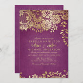 フェイク金ゴールド紫エレガントヴィンテージ結婚レース 招待状 (正面/裏面)