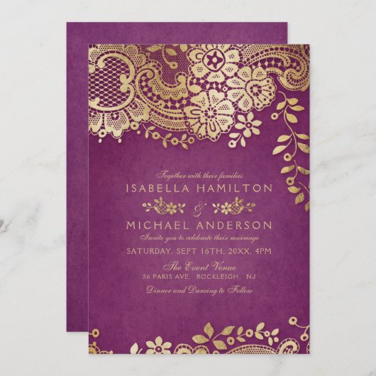 フェイク金ゴールド紫エレガントヴィンテージ結婚レース 招待状 (正面/裏面)