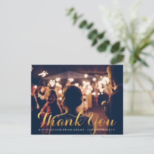 フェイク金ゴールド結婚の写真サンキューカード ポストカード (スタンド正面)