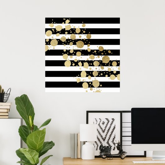 フェイク金ゴールド絵を描(ばちゃばちゃ)跳ねるオン白黒ストライプ ポスター (ホームオフィス)