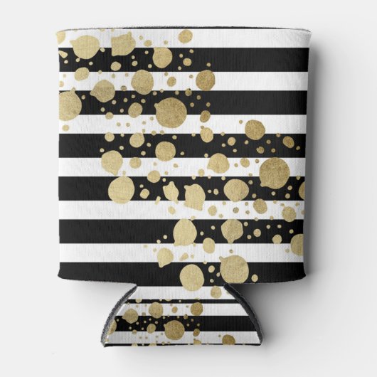 フェイク金ゴールド絵を描（ばちゃばちゃ）跳ねるオン白黒ストライプ 缶クーラー (正面)