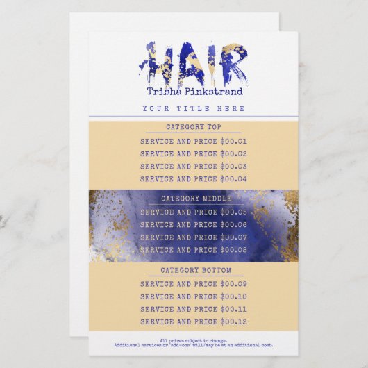 フェイク金ゴールド美容師サロンサービス価格表 便箋 (正面/裏面)