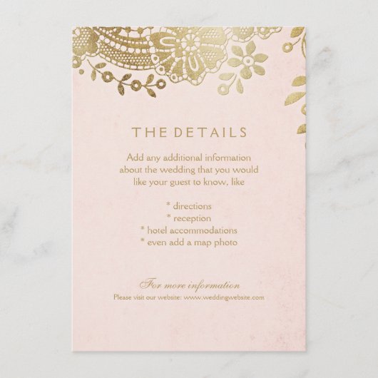 フェイク金ゴールド赤面エレガントレース結婚詳細カード エンクロージャーカード (正面)