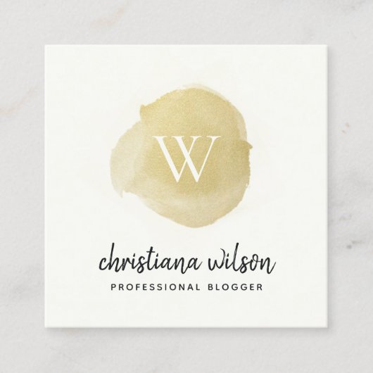 フェイク金ゴールド黒刷毛筆跡モノグラム スクエア名刺 (正面)