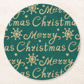 フェイク金ゴールド&グリーンメリークリスマスレタリング ラウンドペーパーコースター (正面)