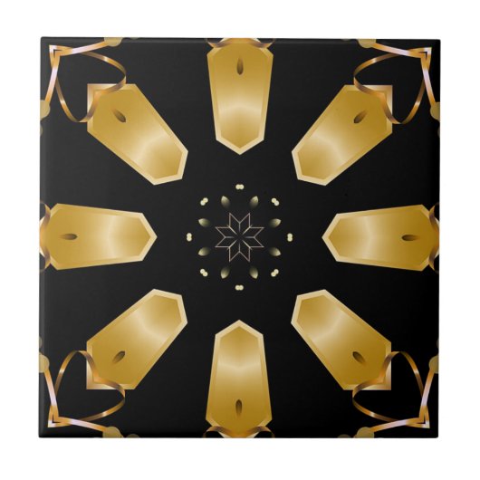 フェイク金ゴールド&ブラックラグジュアリーモザイクジオメトリックパターン タイル (正面)
