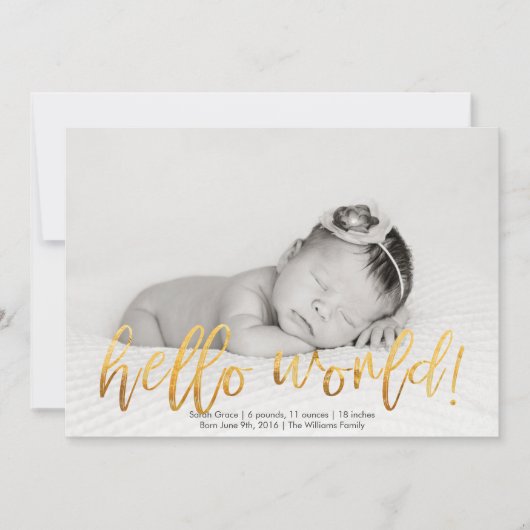 フェイク金ゴールドHello World Photo Birth Announcement 案内状 (正面)