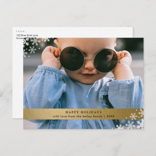 フェイク金箔と雪片ホリデーフォト ポストカード (正面/裏面)