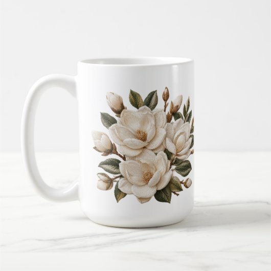 フェイク3D刺繍 白モクレンイラスト コーヒーマグカップ (左)
