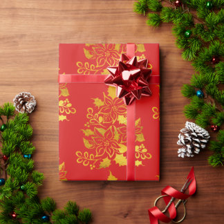 フェイク ゴールド フォイル ポインセチア クリスマスツリー ラッピングペーパー