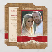 フェイク バルーン、レース、リボン フォト ウェディング 招待状 - 赤 (正面/裏面)