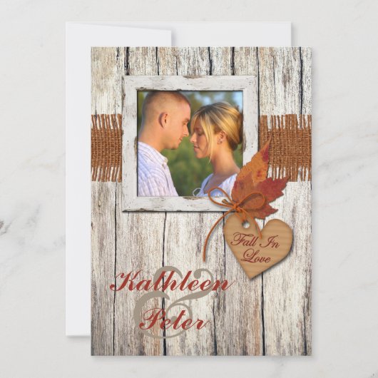 フェイクBurlap、木材、葉ハートPHOTO 結婚's 招待状 (正面)