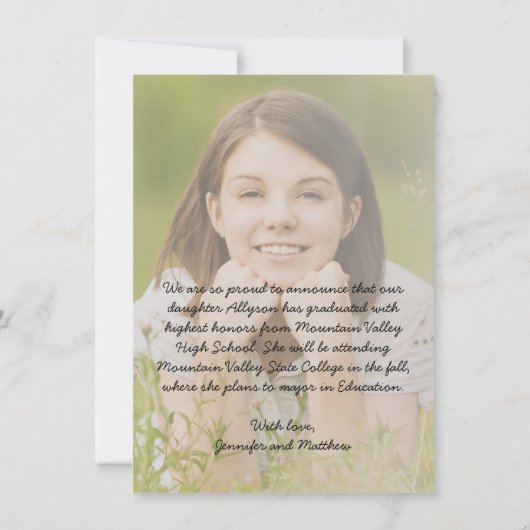 フェイクVellum Overlay写真卒業のお知らせ 招待状 (裏面)