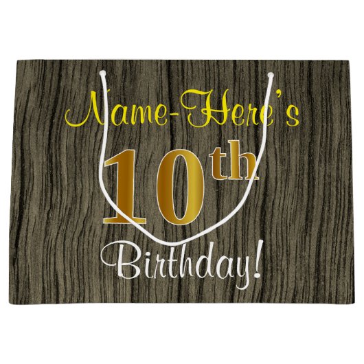 フェイクWood Look、フェイク金ゴールド10誕生日+名前 ラージペーパーバッグ (正面)