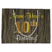フェイクWood Look、フェイク金ゴールド10誕生日+名前 ラージペーパーバッグ (裏面)