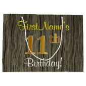 フェイクWood Look、フェイク金ゴールド11誕生日+名前 ラージペーパーバッグ (裏面)