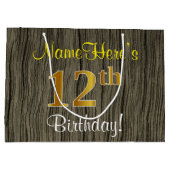 フェイクWood Look、フェイク金ゴールド12番目の誕生日+名前 ラージペーパーバッグ (裏面)