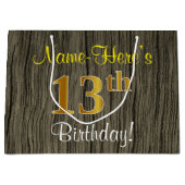 フェイクWood Look、フェイク金ゴールド13番目の誕生日+名前 ラージペーパーバッグ (正面)