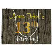 フェイクWood Look、フェイク金ゴールド13番目の誕生日+名前 ラージペーパーバッグ (裏面)