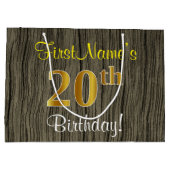 フェイクWood Look、フェイク金ゴールド20誕生日+名前 ラージペーパーバッグ (裏面)