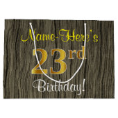 フェイクWood Look、フェイク金ゴールド23番目の誕生日+名前 ラージペーパーバッグ (裏面)