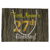フェイクWood Look、フェイク金ゴールド27誕生日+名前 ラージペーパーバッグ (裏面)