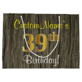 フェイクWood Look、フェイク金ゴールド39誕生日+名前 ラージペーパーバッグ (裏面)