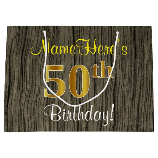 フェイクWood Look、フェイク金ゴールド50番目の誕生日+名前 ラージペーパーバッグ (正面)