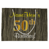 フェイクWood Look、フェイク金ゴールド50番目の誕生日+名前 ラージペーパーバッグ (裏面)