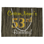 フェイクWood Look、フェイク金ゴールド53番目の誕生日+名前 ラージペーパーバッグ (裏面)