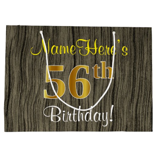 フェイクWood Look、フェイク金ゴールド56番目の誕生日+名前 ラージペーパーバッグ (裏面)