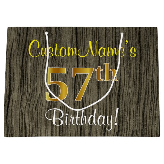 フェイクWood Look、フェイク金ゴールド57番目の誕生日+名前 ラージペーパーバッグ (正面)