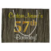 フェイクWood Look、フェイク金ゴールド57番目の誕生日+名前 ラージペーパーバッグ (裏面)